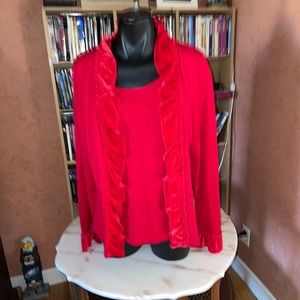 Grace Elements Women's Red Curtain Ruffle Trim Cardigan Sweater Size large